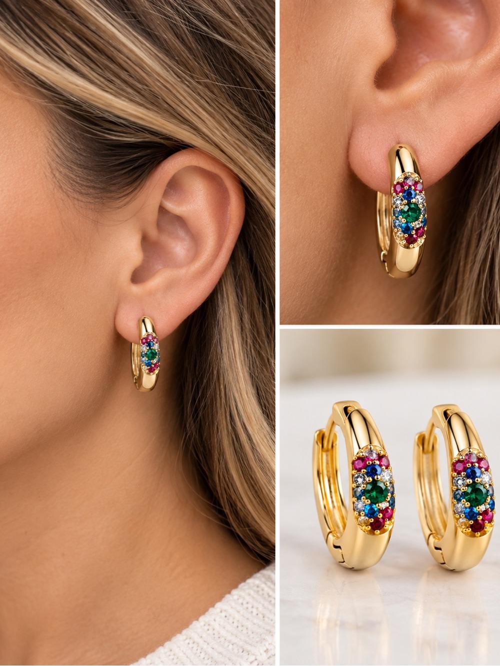 18K Gold Layered Multicolor Gemstone Huggie Hoop Earrings